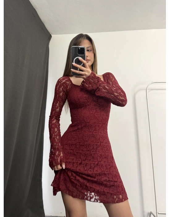 Wanda Mini Dantel Elbise - Bordo