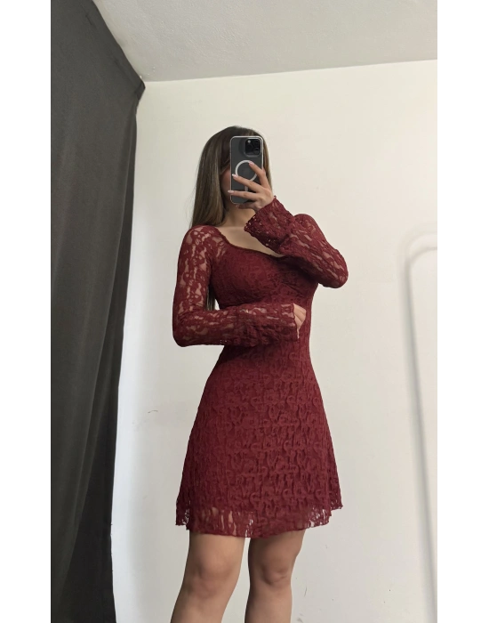 Wanda Mini Dantel Elbise - Bordo