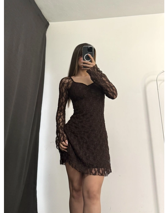 Wanda Mini Dantel Elbise - Kahve