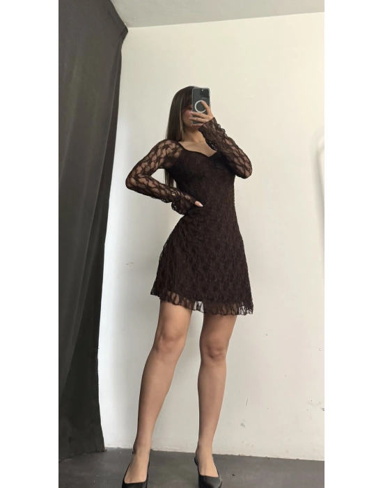 Wanda Mini Dantel Elbise - Kahve