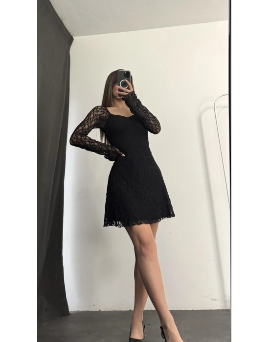 Wanda Mini Dantel Elbise - Siyah