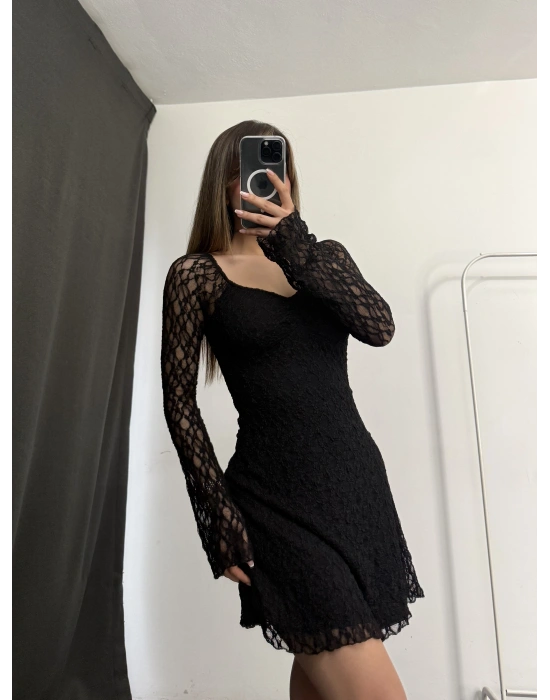 Wanda Mini Dantel Elbise - Siyah