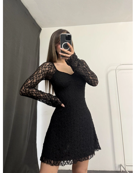 Wanda Mini Dantel Elbise - Siyah