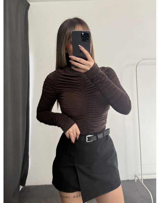 Wilda Drapeli Bluz - Kahve