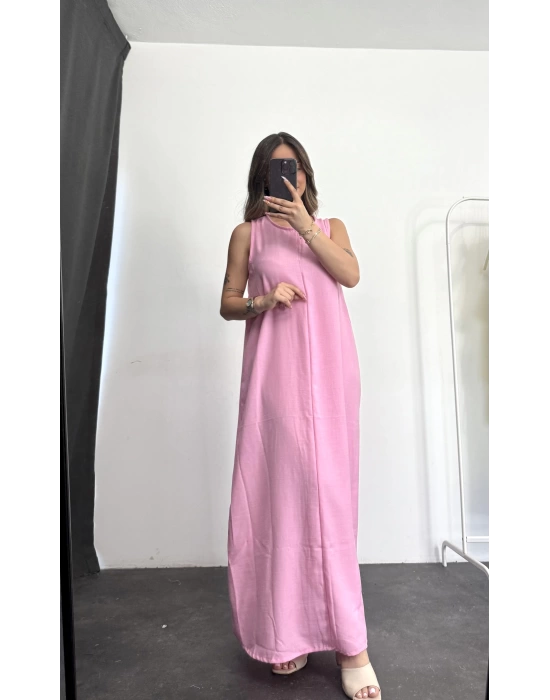 Wind Keten Elbise -Pembe