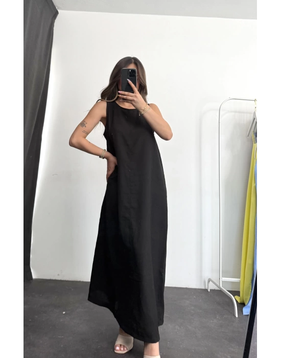 Wind Keten Elbise -Siyah