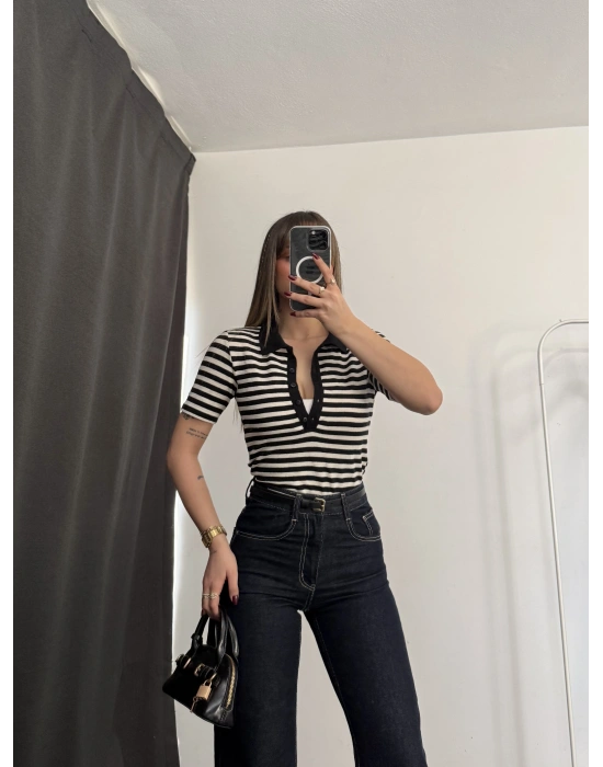 Wine Polo Taka Triko Bluz - Siyah