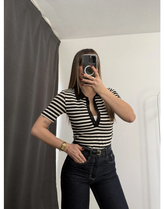 Wine Polo Taka Triko Bluz - Siyah