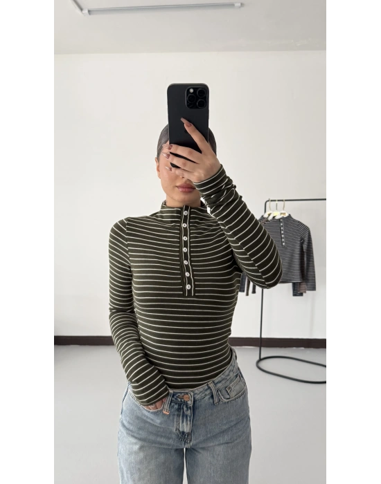 Yaka Düğmeli Çizgili Tshirt - Haki