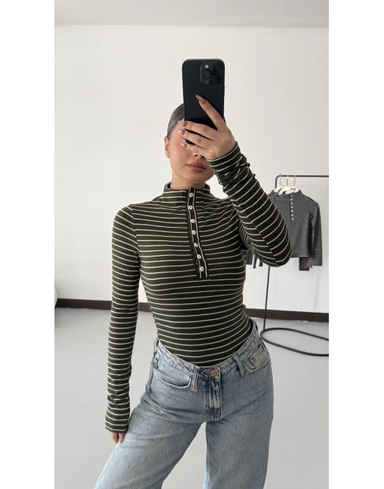 Yaka Düğmeli Çizgili Tshirt - Haki