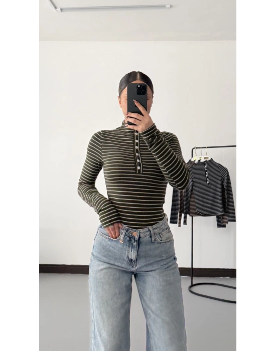 Yaka Düğmeli Çizgili Tshirt - Haki