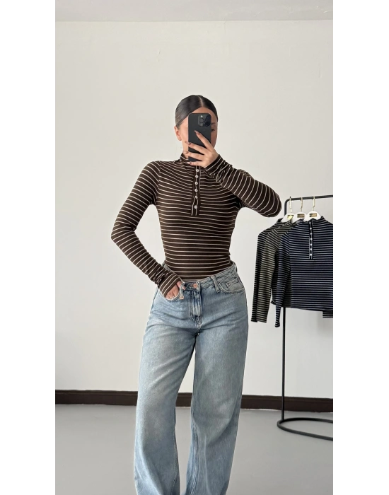 Yaka Düğmeli Çizgili Tshirt - Kahve