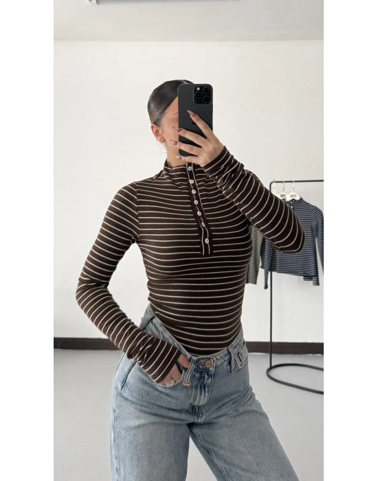 Yaka Düğmeli Çizgili Tshirt - Kahve