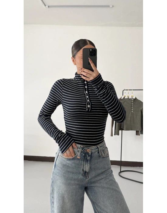 Yaka Düğmeli Çizgili Tshirt - Lacivert