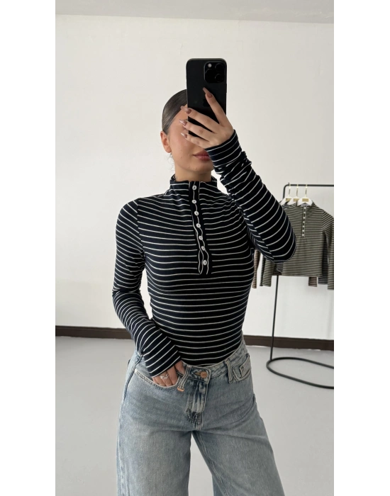 Yaka Düğmeli Çizgili Tshirt - Lacivert