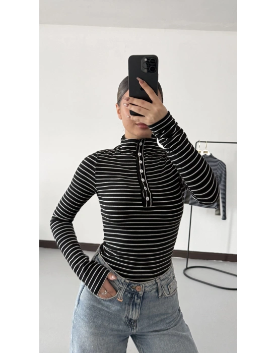 Yaka Düğmeli Çizgili Tshirt - Siyah