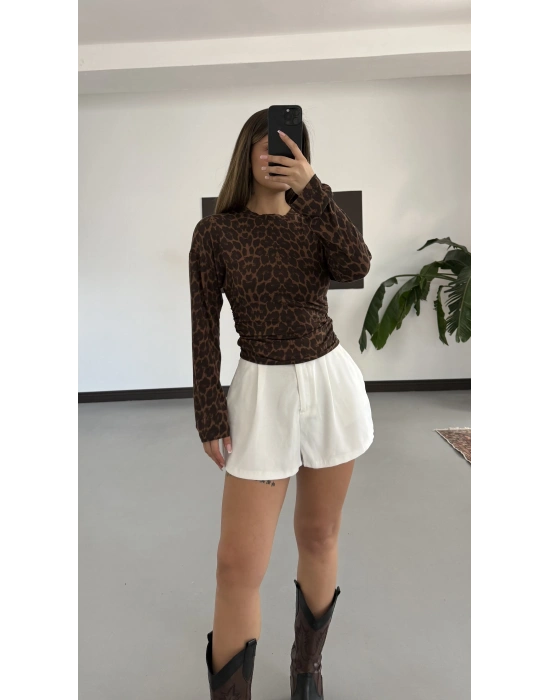 Yan Büzgülü Leopar Bluz- Kahve