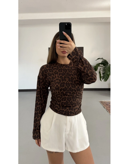 Yan Büzgülü Leopar Bluz- Kahve