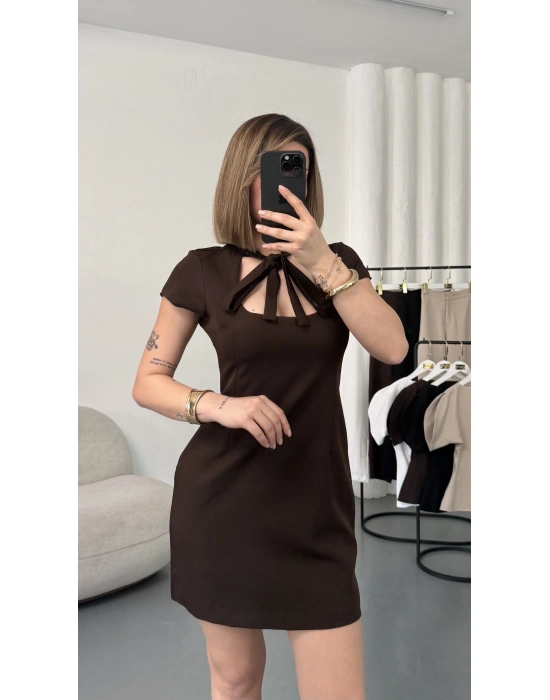 Yuanna Kare Yaka Elbise - Kahve