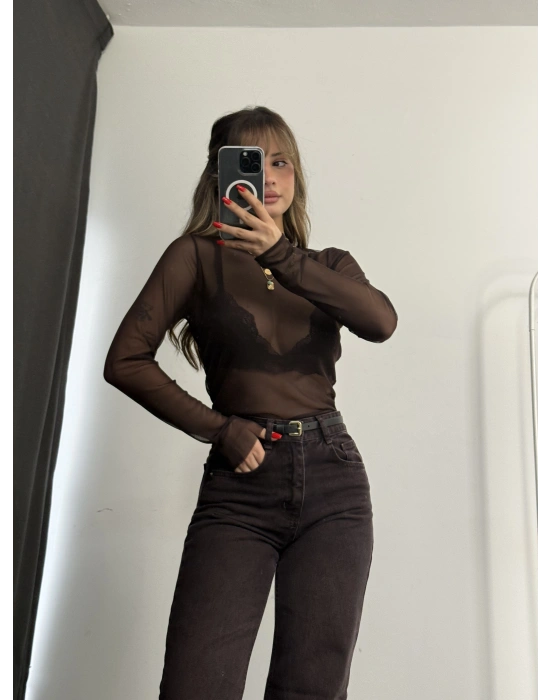 Zaya Transparan Tül Crop - Kahve