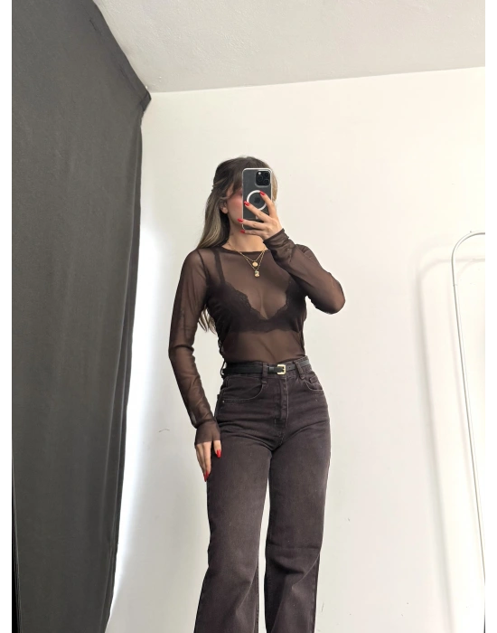 Zaya Transparan Tül Crop - Kahve