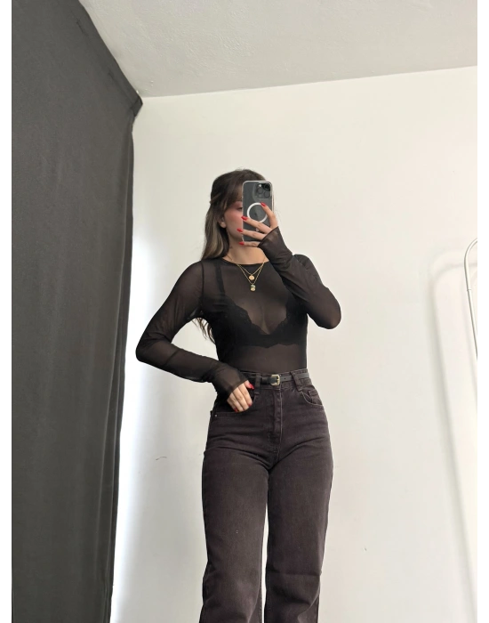 Zaya Transparan Tül Crop - Siyah