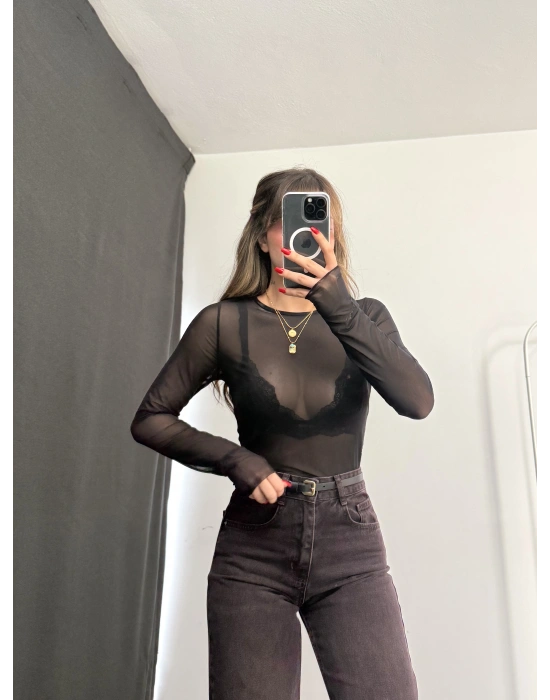 Zaya Transparan Tül Crop - Siyah