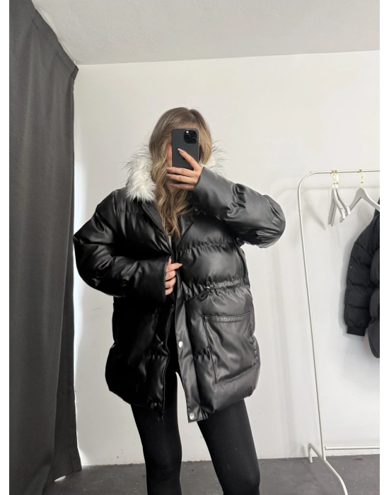 Zery Deri Şişme Mont - Siyah