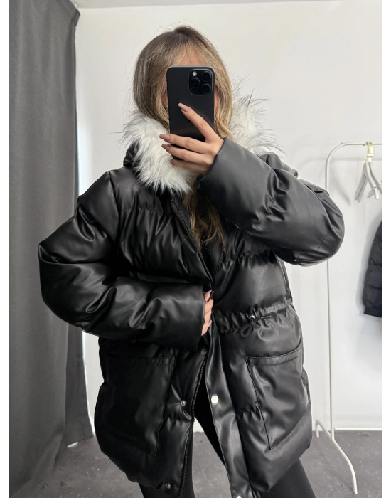 Zery Deri Şişme Mont - Siyah