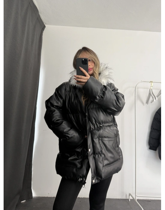 Zery Deri Şişme Mont - Siyah