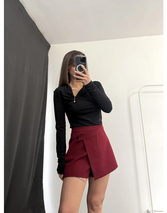 Zola Asimetrik Şort Etek - Bordo