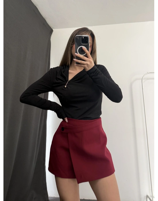 Zola Asimetrik Şort Etek - Bordo