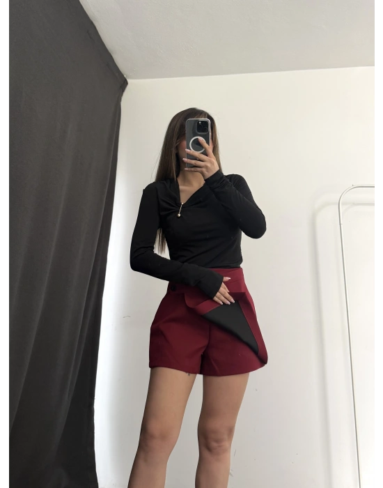 Zola Asimetrik Şort Etek - Bordo