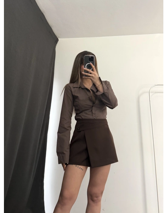 Zola Asimetrik Şort Etek - Kahve