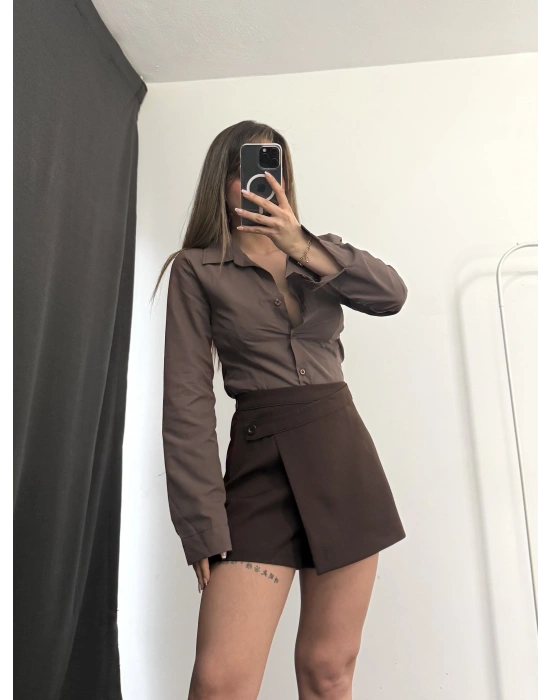 Zola Asimetrik Şort Etek - Kahve