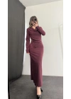 Aven Degaje Yaka Tokalı Elbise - Bordo