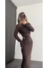 Aven Degaje Yaka Tokalı Elbise - Kahve