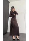 Aven Degaje Yaka Tokalı Elbise - Kahve