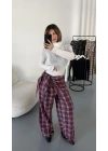 Valerie Bağlamalı Ekose Pantolon - Bordo