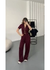 Rena Fermuarlı Crop Takım - Bordo