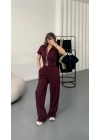 Rena Fermuarlı Crop Takım - Bordo