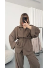 Tina Bel Büzgülü Gömlek Takım - Kahve