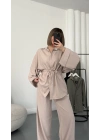 Tina Bel Büzgülü Gömlek Takım - Bej