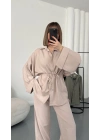 Tina Bel Büzgülü Gömlek Takım - Bej