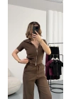 Roxa Fermuarlı Crop Takım - Kahve