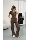 Roxa Fermuarlı Crop Takım - Kahve