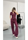 Roxa Fermuarlı Crop Takım - Bordo
