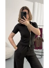 Roxa Fermuarlı Crop Takım - Siyah