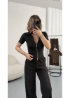 Roxa Fermuarlı Crop Takım - Siyah