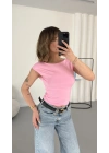 Moon Sırt Dekolte Crop - Pembe